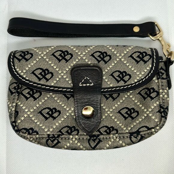 Dooney & Bourke Black Leather Gray Canvas Flap Wristlet Wallet Signature Logo - Picture 6 of 6